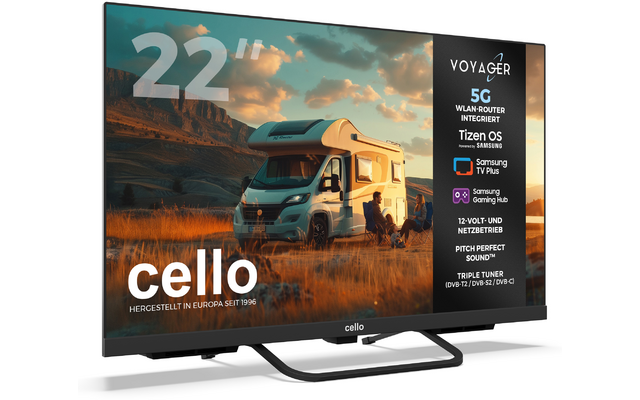 Fernseher auf Standfuß; Bildschirm zeigt Wohnmobil in einem Feld bei Sonnenuntergang, großes 22" oben links, rechter schwarzer Infobereich mit Marke 'VOYAGER' und Produktinfos, 'cello'-Logo unten links