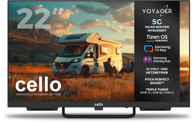 Bildschirm eines Fernsehers zeigt ein Wohnmobil auf Graslandschaft unter orangefarbenem Himmel mit Wolken, zwei Personen sitzen neben dem Wohnmobil; links oben große weiße Zahl 22\" , unten links weißes Logo cello, rechts schwarze Werbeleiste mit Tex