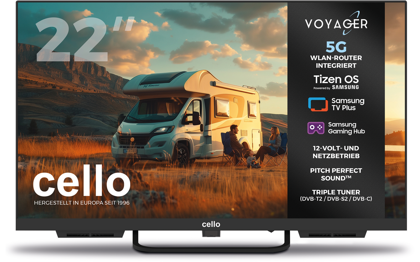 Bildschirm eines Fernsehers zeigt ein Wohnmobil auf Graslandschaft unter orangefarbenem Himmel mit Wolken, zwei Personen sitzen neben dem Wohnmobil; links oben große weiße Zahl 22\" , unten links weißes Logo cello, rechts schwarze Werbeleiste mit Tex