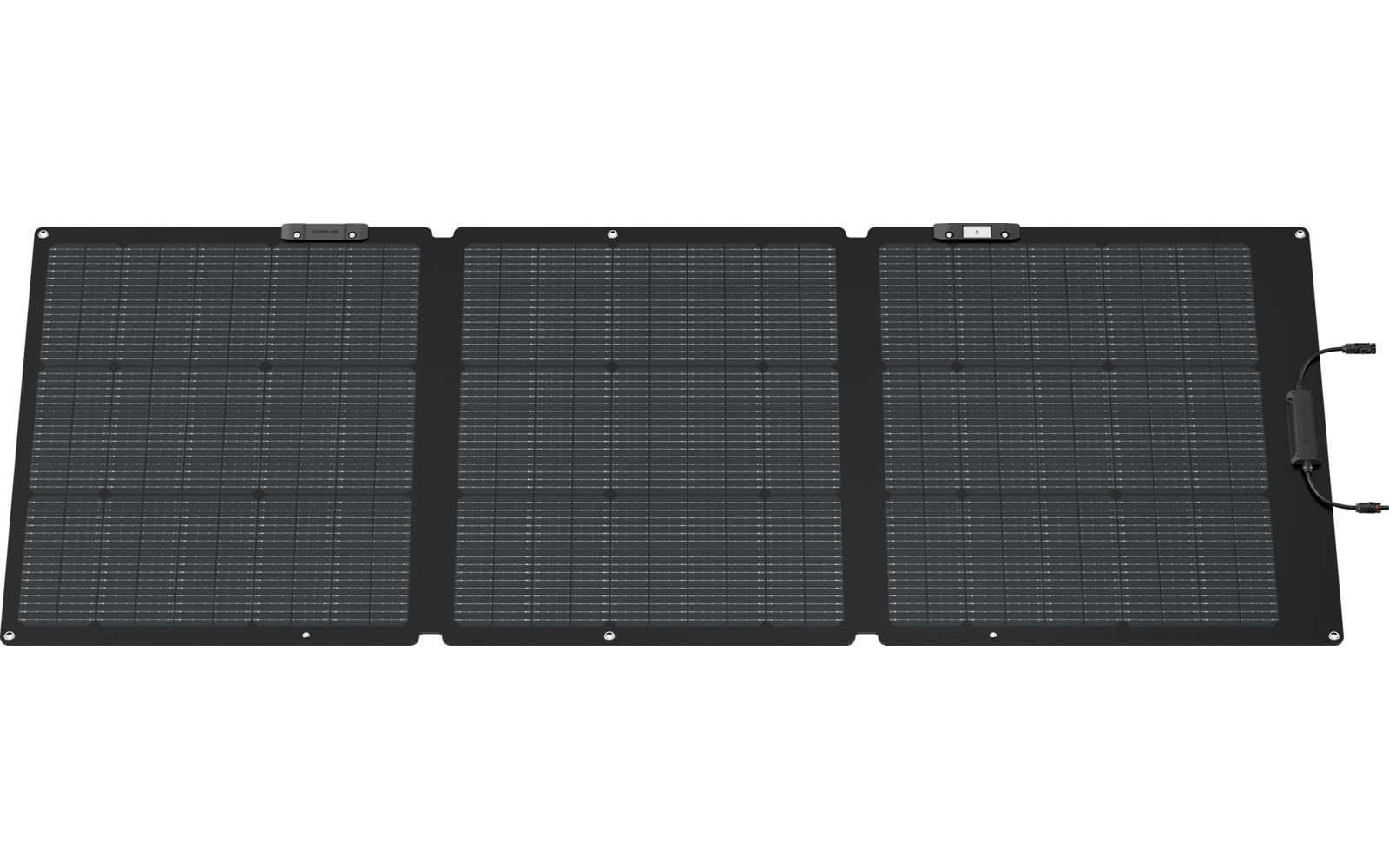 Drei nebeneinander angeordnete schwarze Solarmodule mit Anschlusskabeln rechts