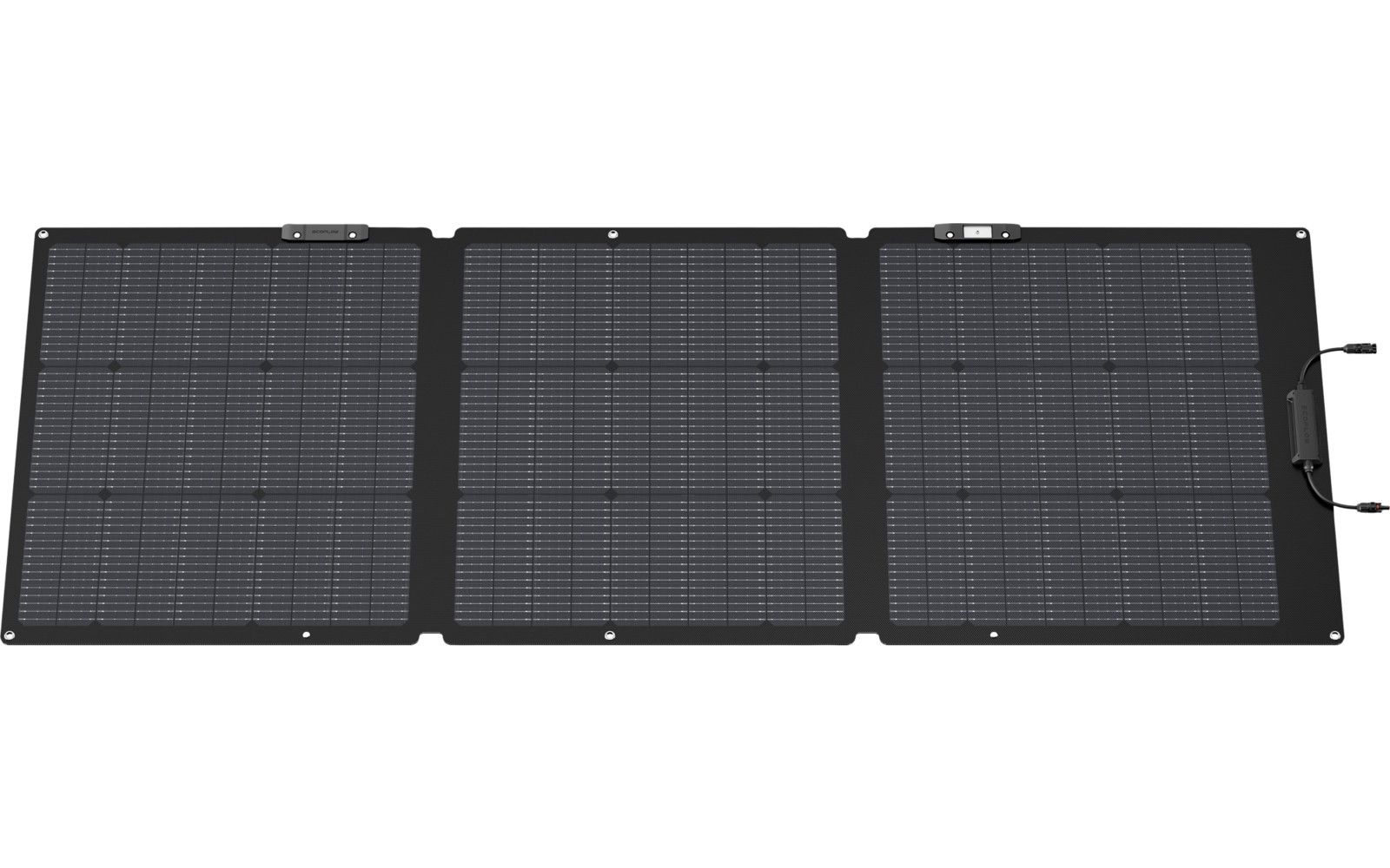 Trois panneaux solaires noirs disposés côte à côte avec des câbles de connexion à droite