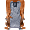 Rückansicht eines orangefarbenen Rucksacks mit grauem, gepolstertem Rückenteil, zwei Schultergurten, Brust- und Hüftgurt, Schnallen und sichtbarem 'deuter' Logo