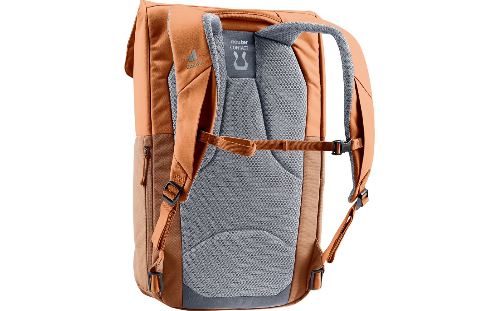 Oranger Rucksack, Rückansicht; graues gepolstertes Rückenpanel mit Netzbezug, verstellbare Schulterriemen, Brustgurt und seitlicher Reißverschluss