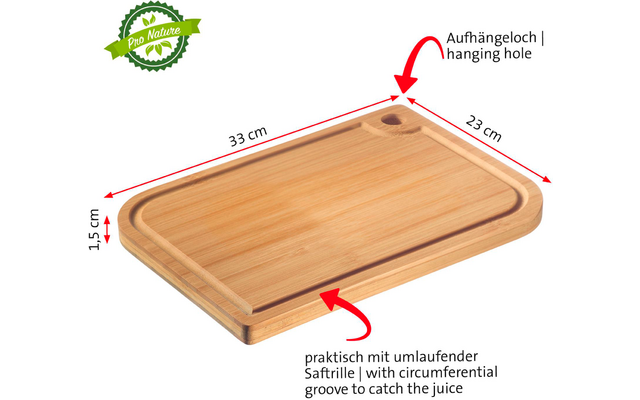 Rectangular bamboo cutting board with rounded corners, circumferential groove, hanging hole, red arrows, measurements 33 cm, 23 cm and 1.5 cm, and green "Pro Nature" badge