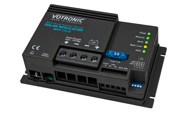 Black rectangular electronic device labeled 'VOTRONIC' and 'SOLAR REGULATOR MPPT 170 CI', marked '12V', with four screw terminals, a blue 15 A fuse, LED indicators ('Float', 'Absorb', 'Bulk', 'Batt. Low', 'AES') and multiple connector ports