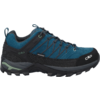Vista laterale di una scarpa blu con suola nera a tasselli profondi, lacci, asola di traino e scritte visibili 'CMP' e 'WATERPROOF'