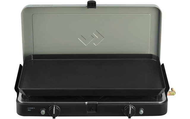 Offener klappbarer Grill mit grauem Deckel, flacher schwarzer Grillplatte, zwei Drehreglern und Metallanschluss rechts