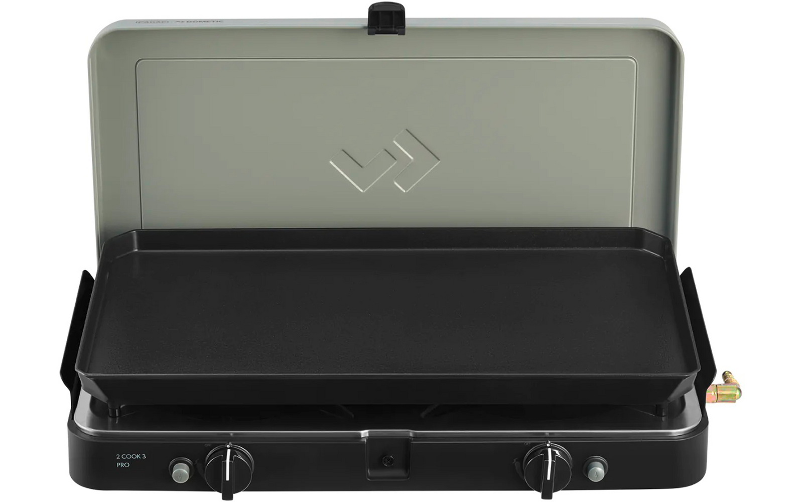 Offener klappbarer Grill mit grauem Deckel, flacher schwarzer Grillplatte, zwei Drehreglern und Metallanschluss rechts