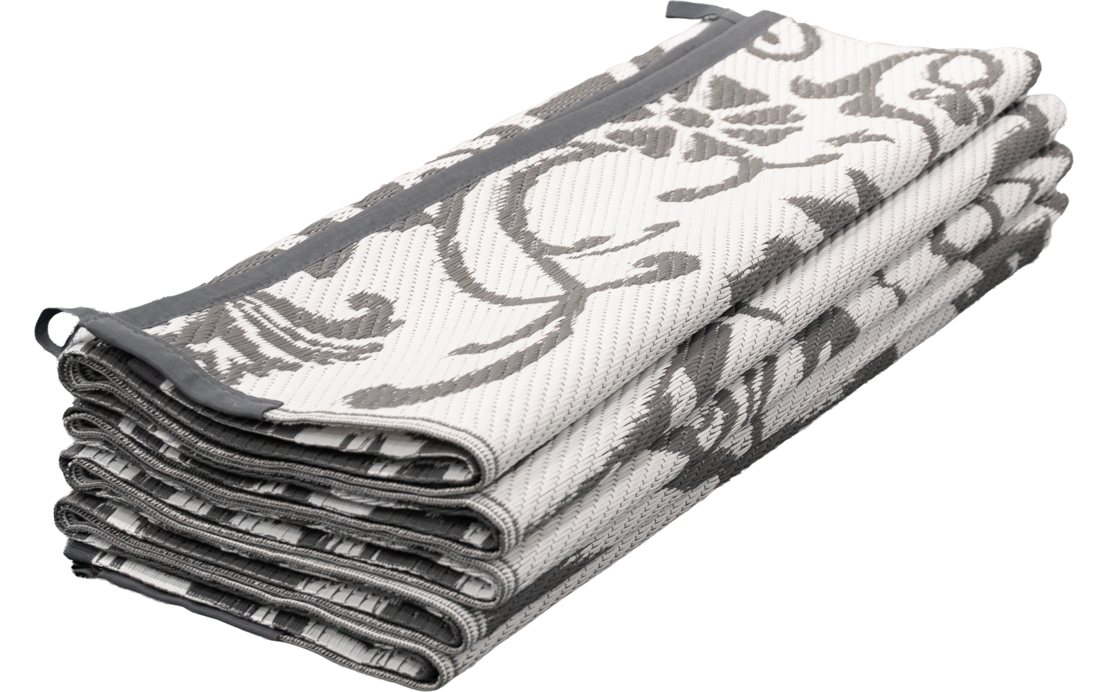 Drei gefaltete weiße Tücher mit grauem floralen Muster und grauem Saum