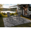 Furgoneta camper gris con puerta lateral abierta y toldo desplegado; delante una alfombra exterior con estampado, dos sillas de camping plegables y una mesita con una jarra y vasos, en la orilla de un lago con árboles al fondo