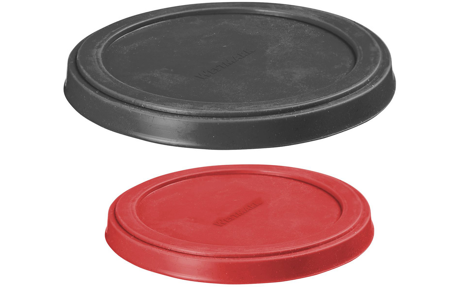 Deux disques ronds et plats en caoutchouc ; un gris foncé en haut, un rouge en bas, légèrement décalés l'un sur l'autre, tous deux avec un bord surélevé et un lettrage en relief