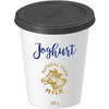 Gobelet blanc avec couvercle noir, inscription bleue 'Joghurt', illustration dorée de vache, texte 'Natural Farm Milk' et '500 g'