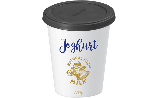 Gobelet blanc avec couvercle noir, inscription bleue 'Joghurt', illustration dorée de vache, texte 'Natural Farm Milk' et '500 g'