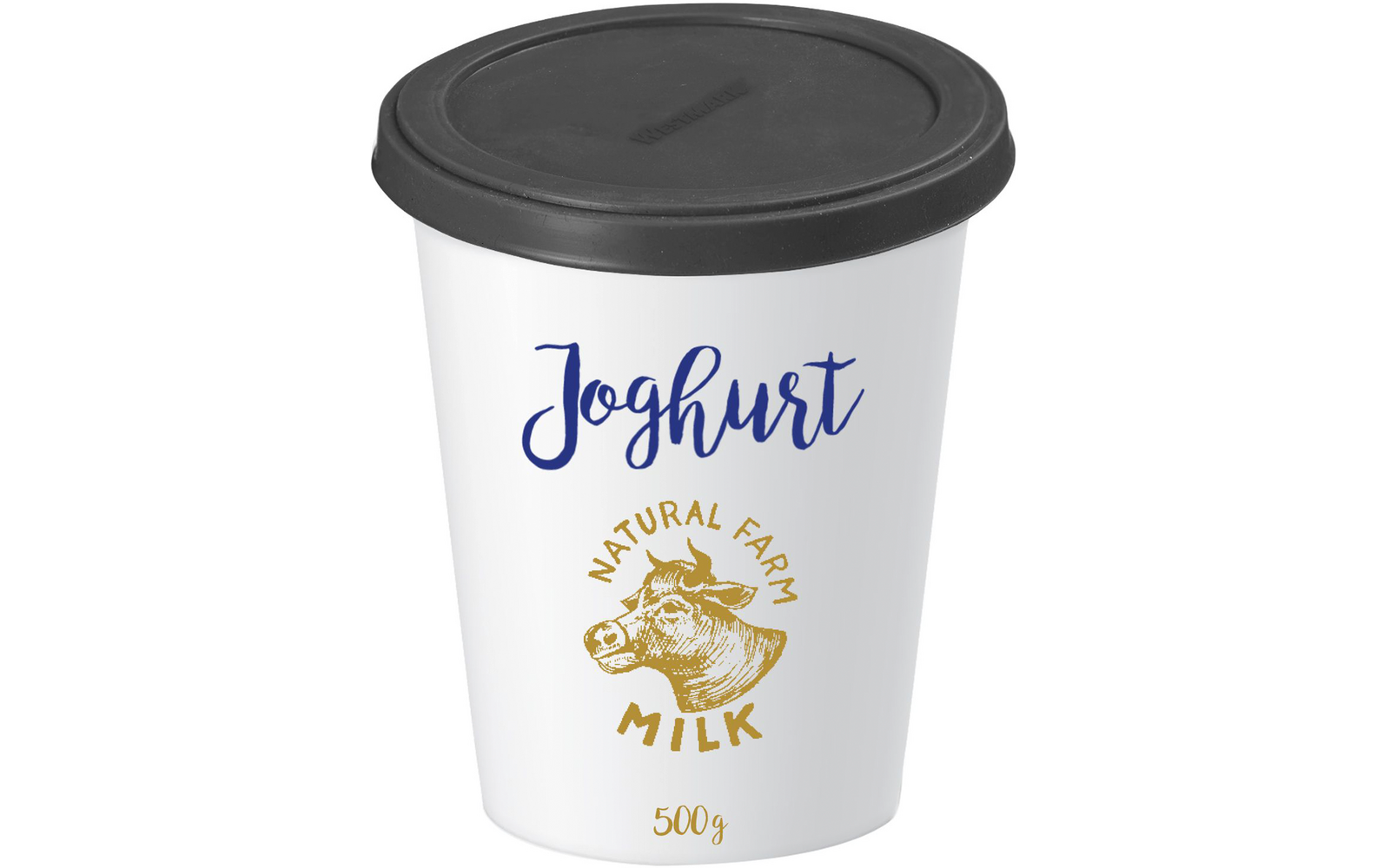 Gobelet blanc avec couvercle noir, inscription bleue 'Joghurt', illustration dorée de vache, texte 'Natural Farm Milk' et '500 g'