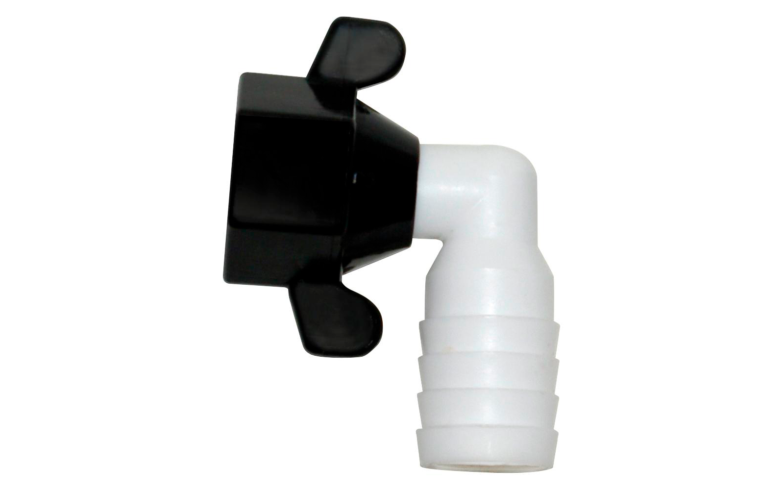 Poignée noire à deux ailettes sur un raccord coudé en plastique blanc avec un embout de tuyau strié