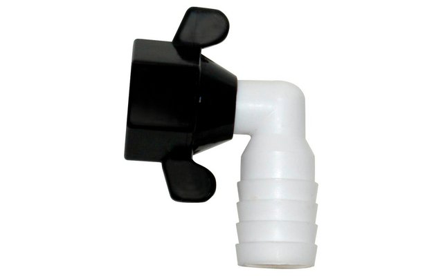 Poignée noire à deux ailettes sur un raccord coudé en plastique blanc avec un embout de tuyau strié