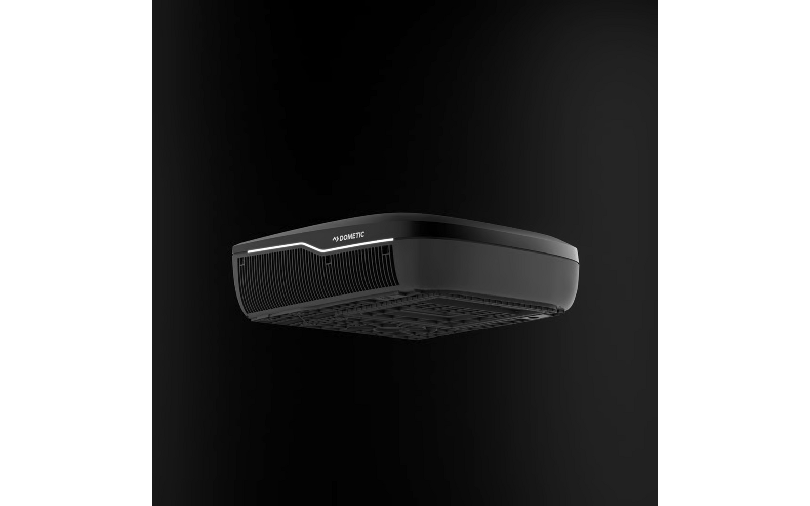 Schwarzes, rechteckiges Gerät mit abgerundeten Kanten, Frontgitter, Unterseite mit Lüftungsgittern und Text 'DOMETIC' auf der Vorderseite
