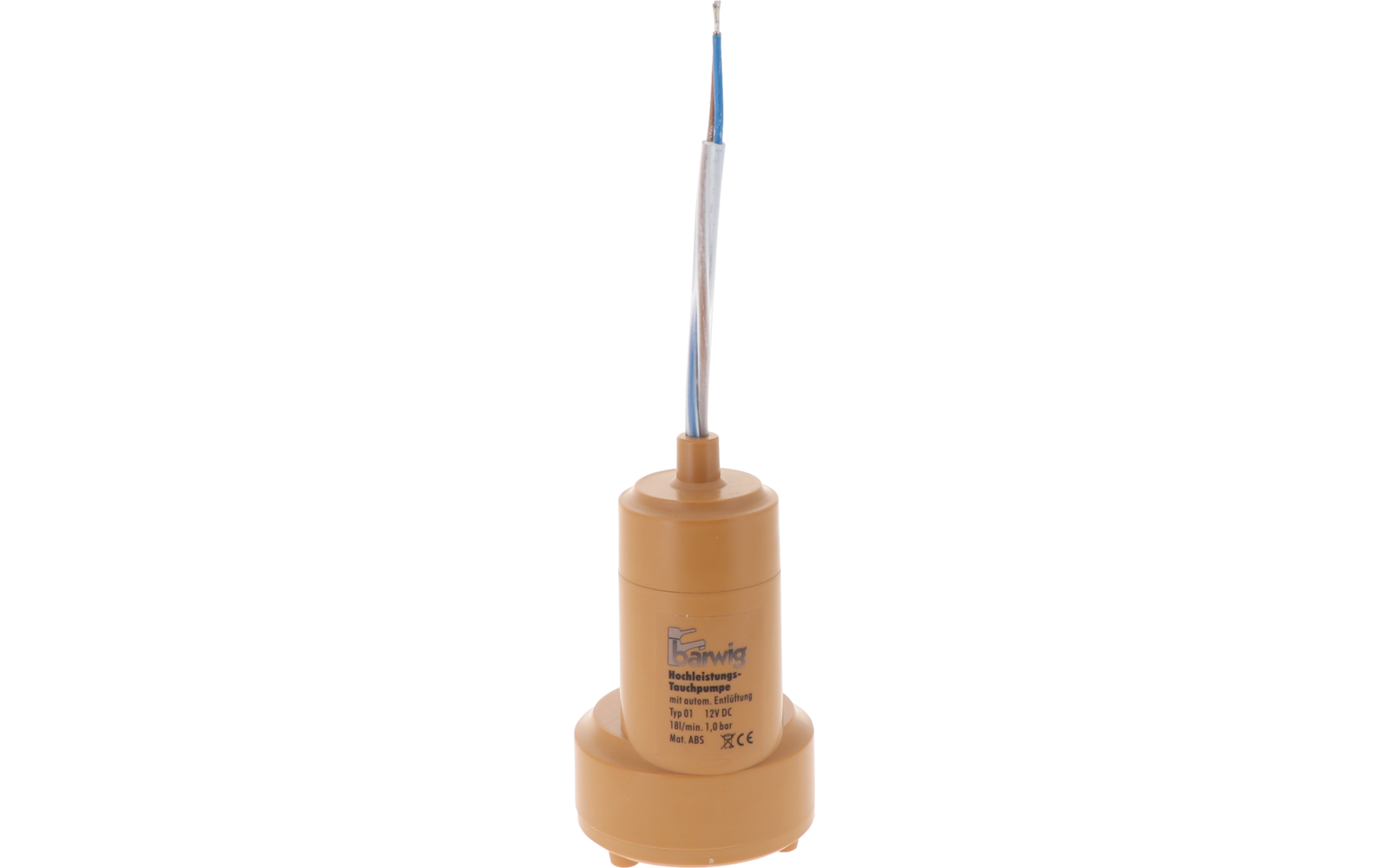 Beige cilindervormige kunststofbehuizing met opdruk en logo; bovenaan een witte mantel met twee geïsoleerde draden, blauw en bruin