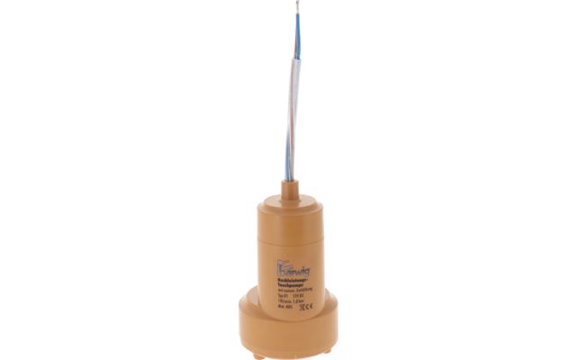 Beige cilindervormige kunststofbehuizing met opdruk en logo; bovenaan een witte mantel met twee geïsoleerde draden, blauw en bruin