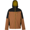 Veste à capuche, devant marron, épaules et extérieur de la capuche noirs, fermeture éclair et doublure intérieure de la capuche jaunes, poche poitrine zippée et poches latérales zippées