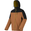 Veste d'extérieur bicolore marron et noire avec capuche, fermeture éclair jaune, poche poitrine zippée et logo visible sur la poitrine