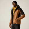 Personne portant une veste d'extérieur bicolore (brun et noir) avec doublure jaune et un bonnet noir, mains dans les poches, regard légèrement vers le haut à droite, fond uni clair