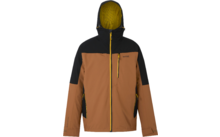 Veste à capuche, devant marron, épaules et extérieur de la capuche noirs, fermeture éclair et doublure intérieure de la capuche jaunes, poche poitrine zippée et poches latérales zippées