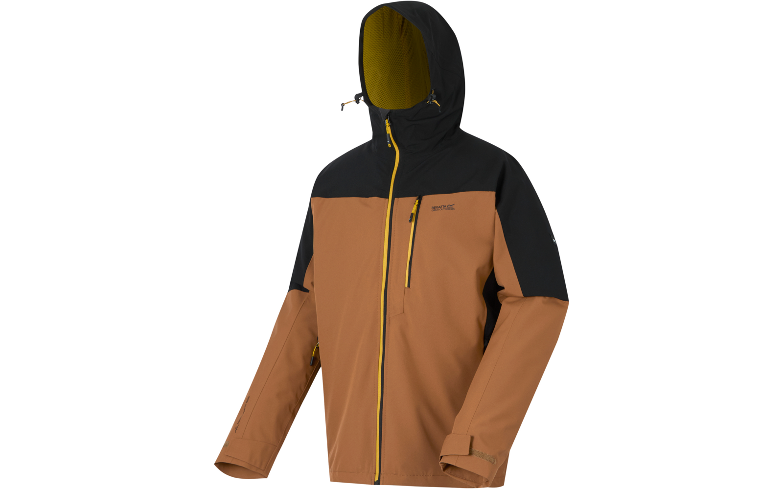 Veste d'extérieur bicolore marron et noire avec capuche, fermeture éclair jaune, poche poitrine zippée et logo visible sur la poitrine