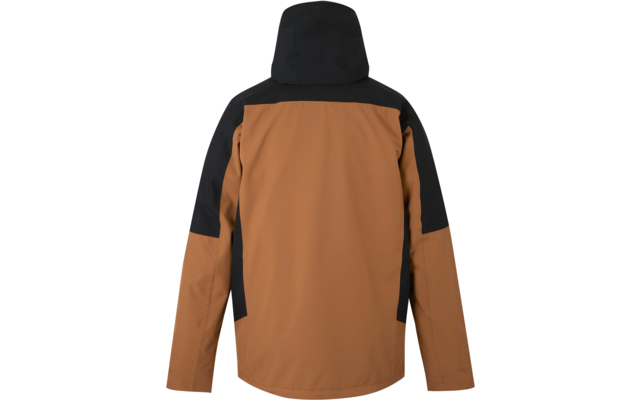 Vue de dos d'une veste bicolore à capuche, dos brun et épaules et manches noires