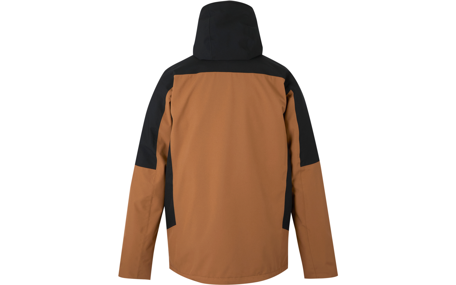 Vue de dos d'une veste bicolore à capuche, dos brun et épaules et manches noires