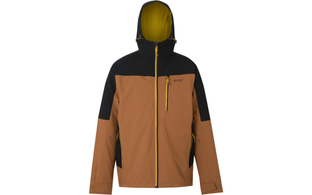 Veste à capuche, devant marron, épaules et extérieur de la capuche noirs, fermeture éclair et doublure intérieure de la capuche jaunes, poche poitrine zippée et poches latérales zippées