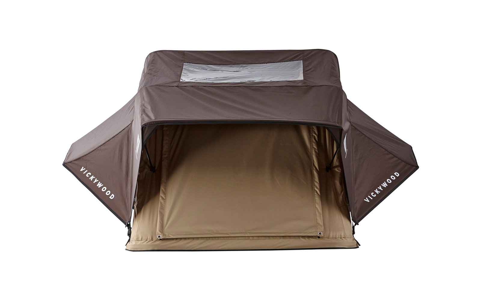 Braun-beige Stoffkonstruktion mit offener rechteckiger Vorderseite, beigem Boden, rechteckigem durchsichtigem Fenster oben und seitlichen Flügeln mit weißer Aufschrift ‚VICKYWOOD‘