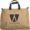 Beige Tasche mit schwarzen Tragegriffen und schwarzem, gestyltem ‚W‘-Logo über dem Schriftzug ‚VICKYWOOD‘