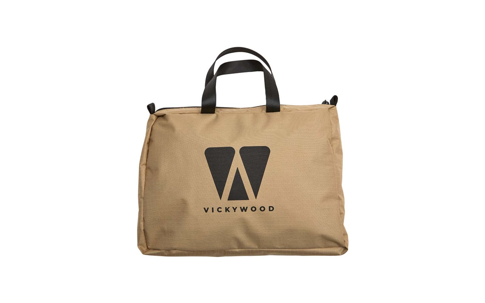 Beige Tasche mit schwarzen Tragegriffen und schwarzem, gestyltem ‚W‘-Logo über dem Schriftzug ‚VICKYWOOD‘