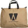 Sac beige avec anses noires et logo noir stylisé en forme de 'W' au-dessus de l'inscription 'VICKYWOOD'