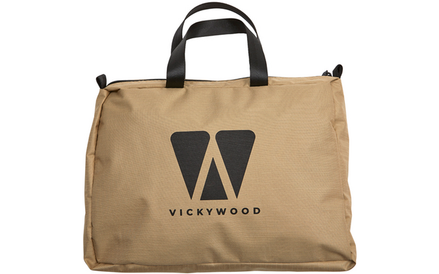Sac beige avec anses noires et logo noir stylisé en forme de 'W' au-dessus de l'inscription 'VICKYWOOD'