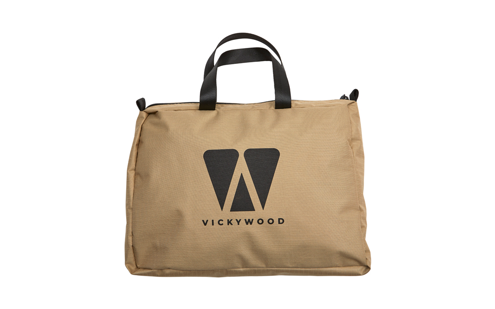 Sac beige avec anses noires et logo noir stylisé en forme de 'W' au-dessus de l'inscription 'VICKYWOOD'