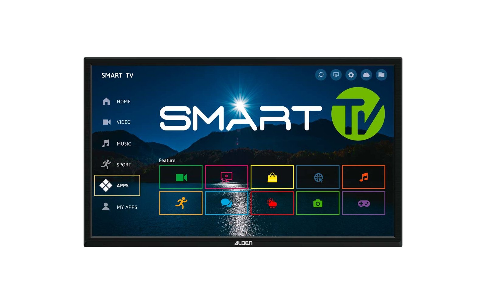 Fernsehbildschirm mit großem Schriftzug "SMART TV", grünem rundem "TV"-Logo oben rechts; links Menüleiste mit Symbolen und Einträgen "HOME", "VIDEO", "MUSIC", "SPORT", "APPS" (markiert) und "MY APPS"; Reihe farbiger App-Kacheln in der Mitte; Hintergr