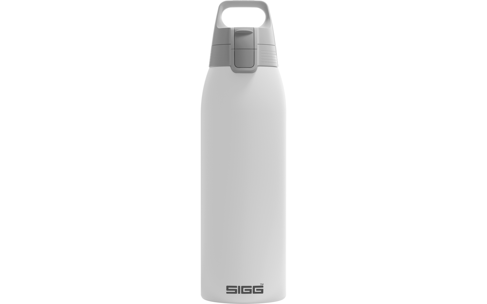 Weiße Isolierflasche mit grauem Deckel, integriertem Tragegriff oben und SIGG-Logo am unteren Rand