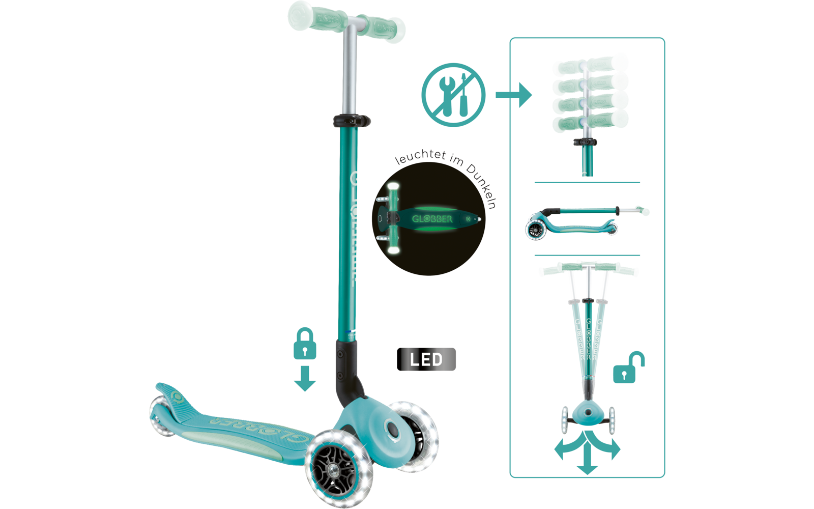 Produktbild Globber Elite Lights Glow Dreirad Scooter h&ouml;henverstellbar mit LED Leuchtrollen 1