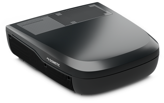 Schwarzes, flaches Gerät mit abgerundeter Vorderkante, Lüftungsgittern oben und an der Seite und Schriftzug 'DOMETIC'
