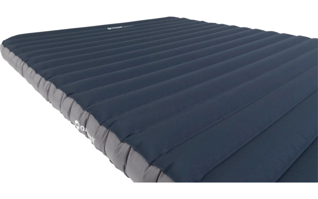 Donkerblauwe opblaasbare luchtmatras met grijze rand op witte achtergrond