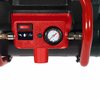 Rotes Bedienelement an schwarzem Zylinder mit Kippschalter, rundem Manometer, Messinganschlüssen und rotem Bügelgriff