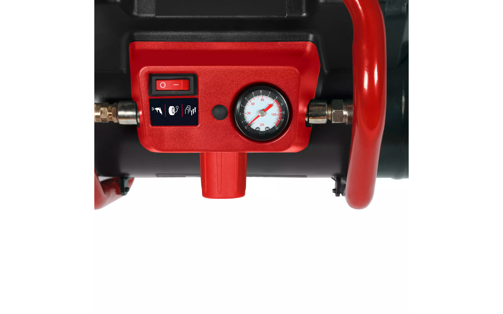 Rotes Bedienelement an schwarzem Zylinder mit Kippschalter, rundem Manometer, Messinganschlüssen und rotem Bügelgriff