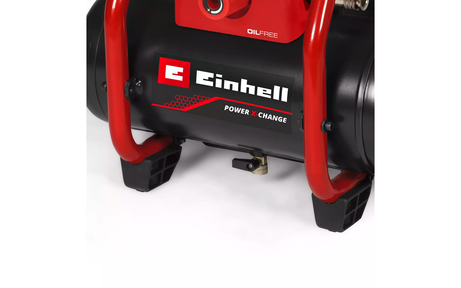 Schwarzer zylindrischer Behälter mit rotem Schutzbügel, weiße Schrift 'Einhell' neben rotem Quadrat mit weißem 'E', kleine Schriftzüge 'POWER X-CHANGE' und 'OILFREE', schwarzer Kunststofffuß und Messingablassventil auf weißem Hintergrund