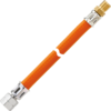 Zwei orangefarbene Schlauchstücke mit sichtbarem Spalt, jeweils mit Metallarmaturen (eine silberne Mutter und ein goldfarbenes Gewinde) auf weißem Hintergrund