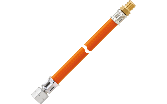 Zwei orangefarbene Schlauchstücke mit sichtbarem Spalt, jeweils mit Metallarmaturen (eine silberne Mutter und ein goldfarbenes Gewinde) auf weißem Hintergrund