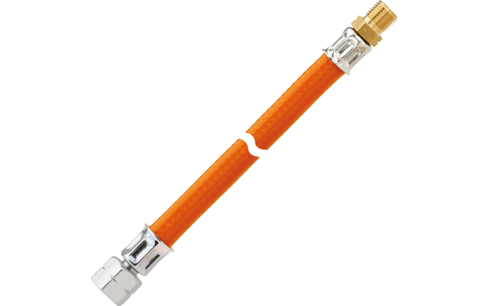 Zwei orangefarbene Schlauchstücke mit sichtbarem Spalt, jeweils mit Metallarmaturen (eine silberne Mutter und ein goldfarbenes Gewinde) auf weißem Hintergrund
