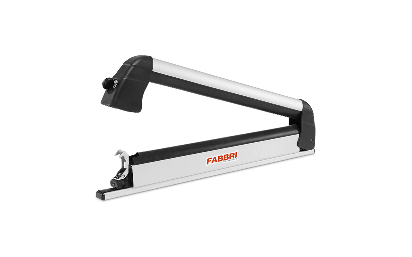 Dispositivo argentato e nero con due bracci lunghi e paralleli, cerniera a un'estremità e logo rosso "FABBRI" sul davanti