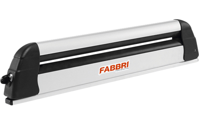 Dispositivo metallico allungato color argento con estremità nere e logo rosso 'FABBRI' su sfondo bianco